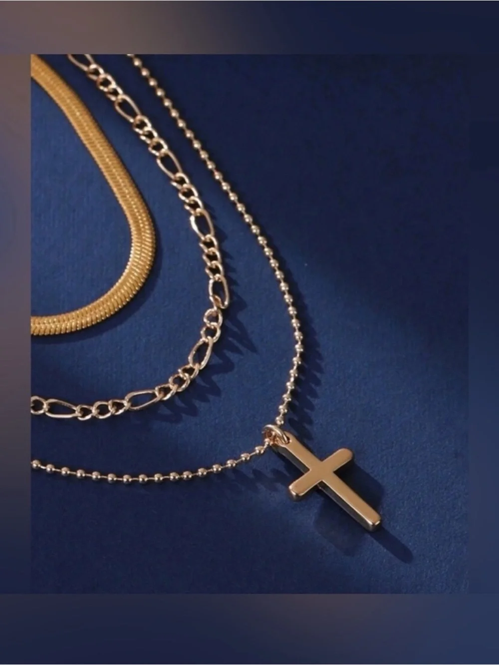 Gold Plated Stainless Steel 3pc Cross Herringbone Necklace Set